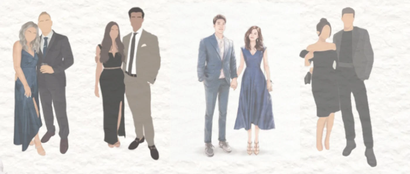 Illustrated guests in semi formal attire: four couples in long gowns, cocktail dresses and suits, in navy, charcoal, taupe and black.