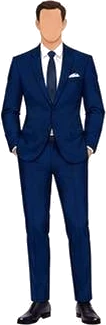 Navy blue suit worn with a white shirt, navy tie and pocket square.