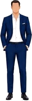 Navy blue suit worn with an open-collar white shirt and no tie.