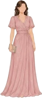 Floor length dusty pink gown with a wrapped V-neckline and flutter sleeves.