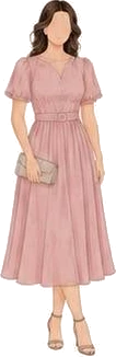 Dusty pink midi dress with short sleeves, a belted waist and nude heels.