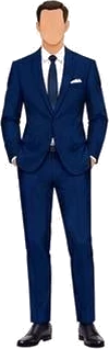 Navy blue suit worn with a white shirt, navy tie and pocket square.