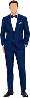 Navy blue suit worn with a black bow tie and pocket square.