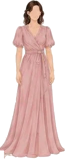 Floor length dusty pink wrap gown with puff sleeves and a tied waist.