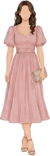 Dusty pink midi dress with puff sleeves and a full skirt.